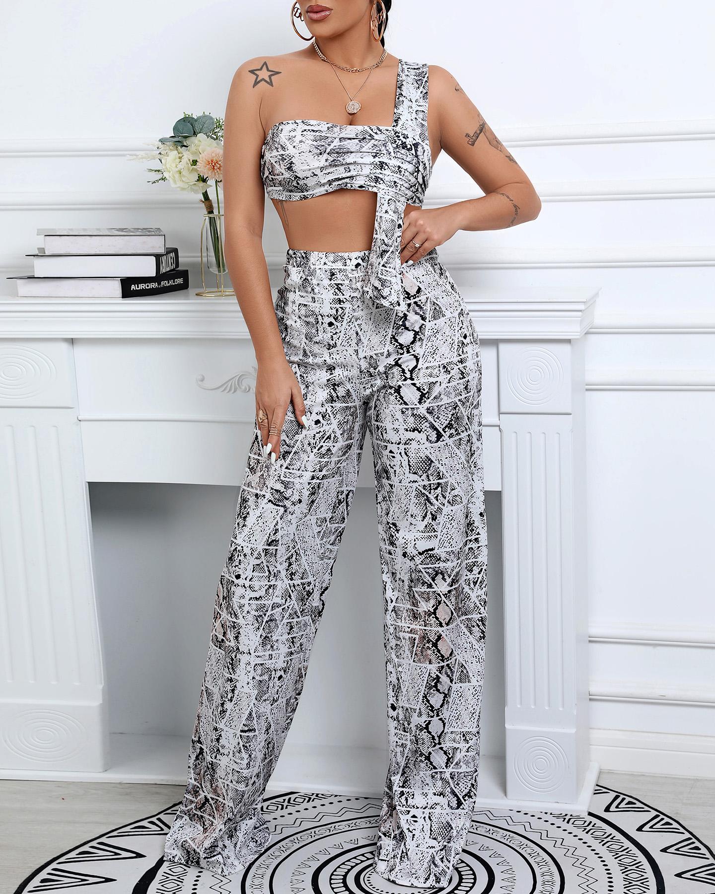 

All Over Print One Shoulder Crop Top & Pants Set, Multicolor