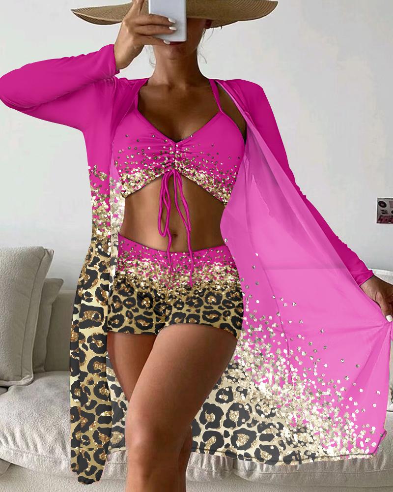 

3PCS Contrast Leopard Print Drawstring Bikini Set With Cover Up, Rose red