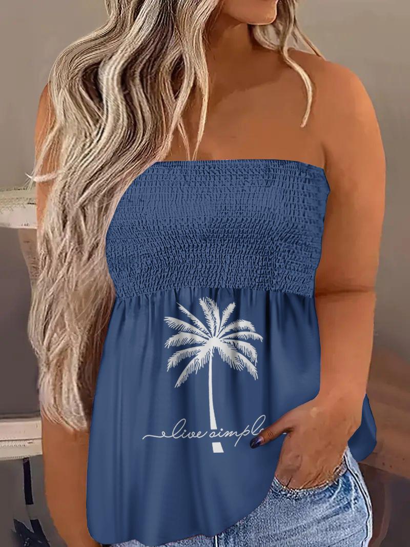 

Plus Size Coconut Tree Print Shirred Bandeau Tank Top, Blue