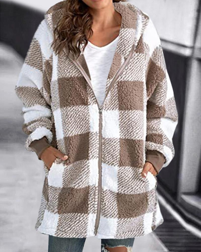

Plaid Print Long Sleeve Zip Up Teddy Coat, Khaki