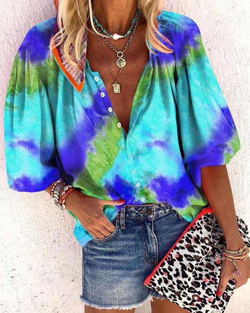 

Tie Dye Print Lantern Sleeve Button Down Casual Women Top, Blue