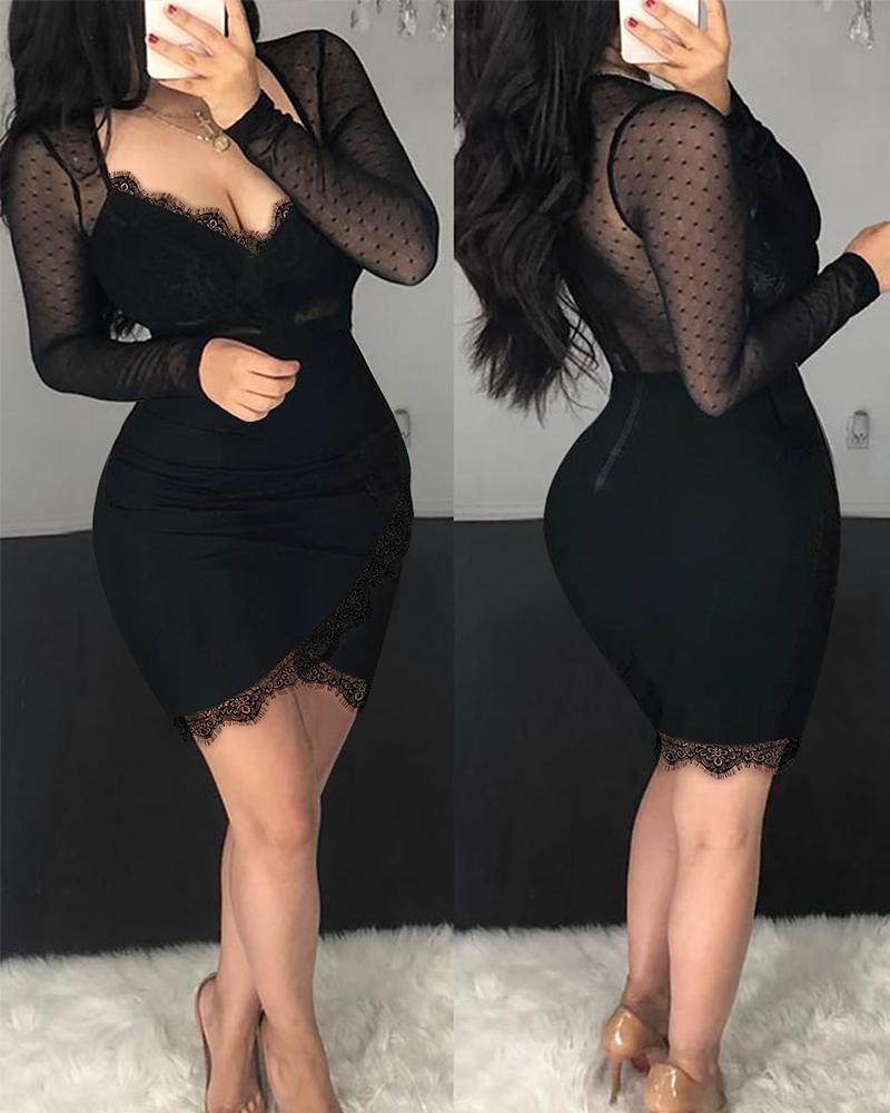 

Contrast Lace Long Sleeve Bodycon Dress, Black