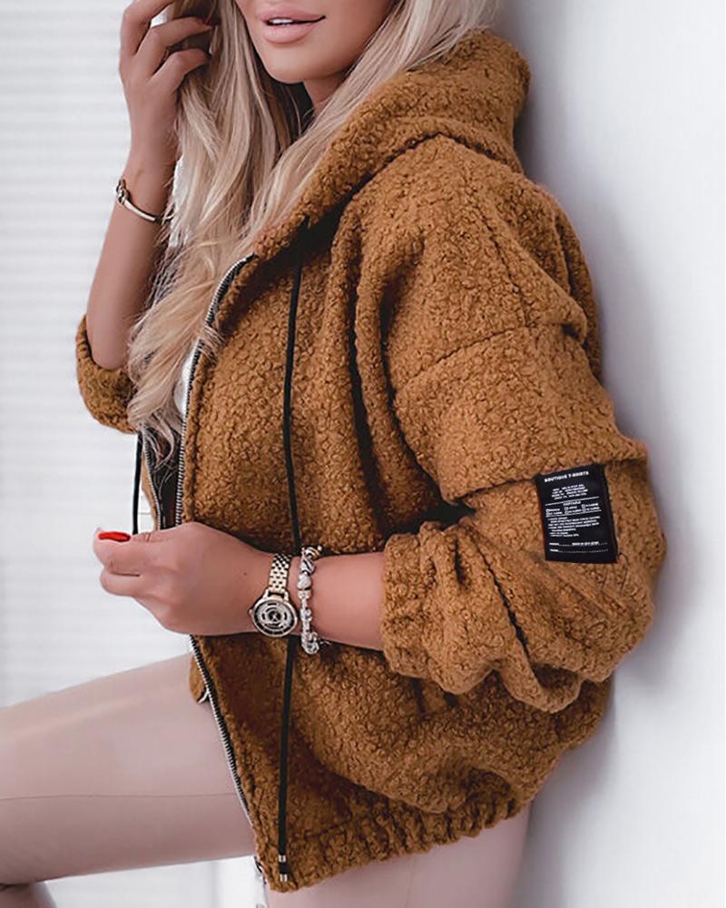 

Zipper Design Long Sleeve Hooded Teddy Coat, Coffee