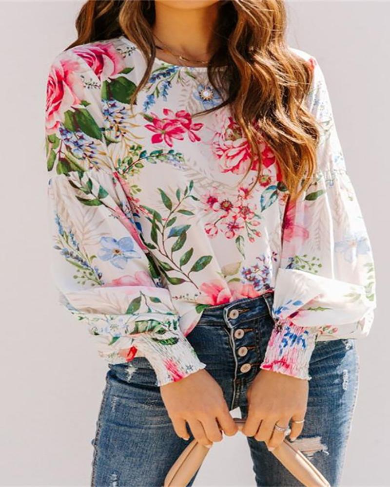 

Shirring Detail Lantern Sleeve Floral Print Top, White