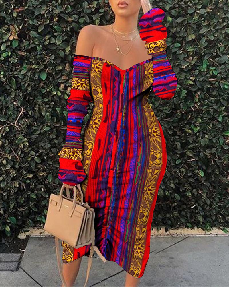 

Vintage Patterns Print Long Sleeve Off Shoulder Skinny Slit Midi Dress, Multicolor