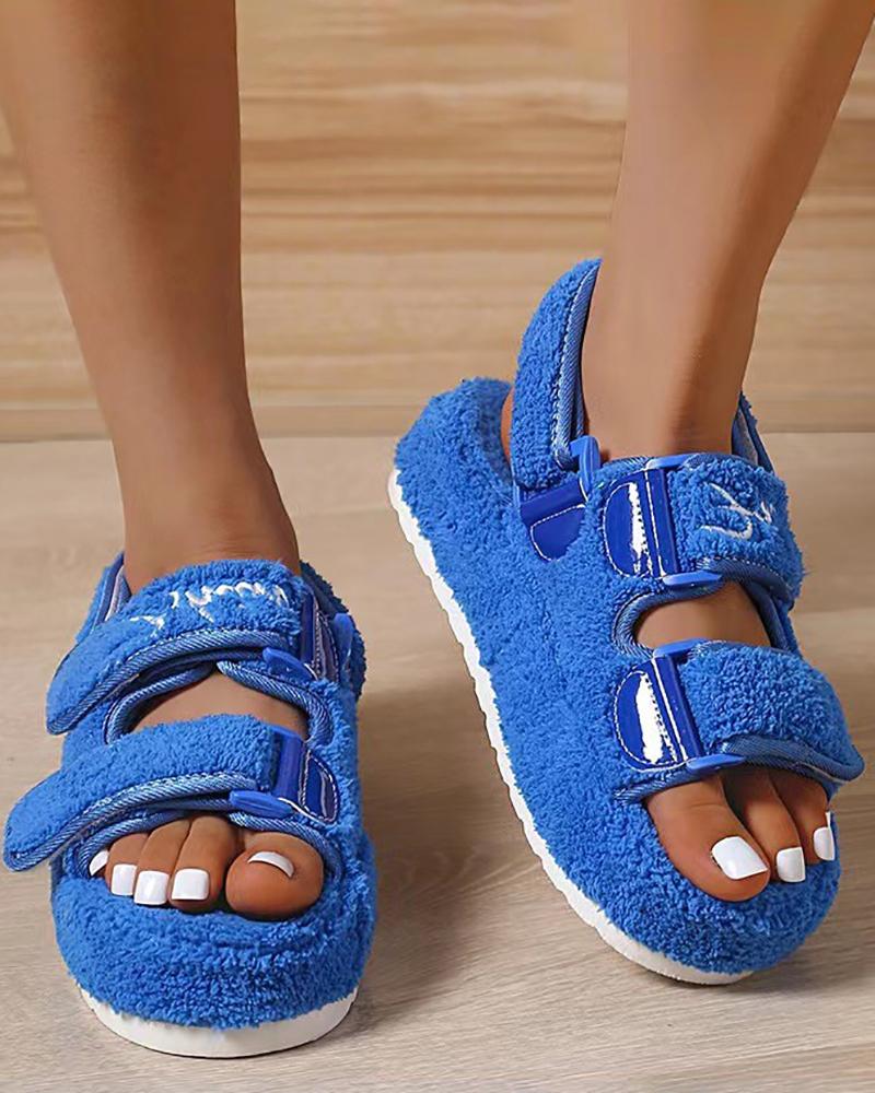 

Fuzzy Velcro Platform Sandals, Blue