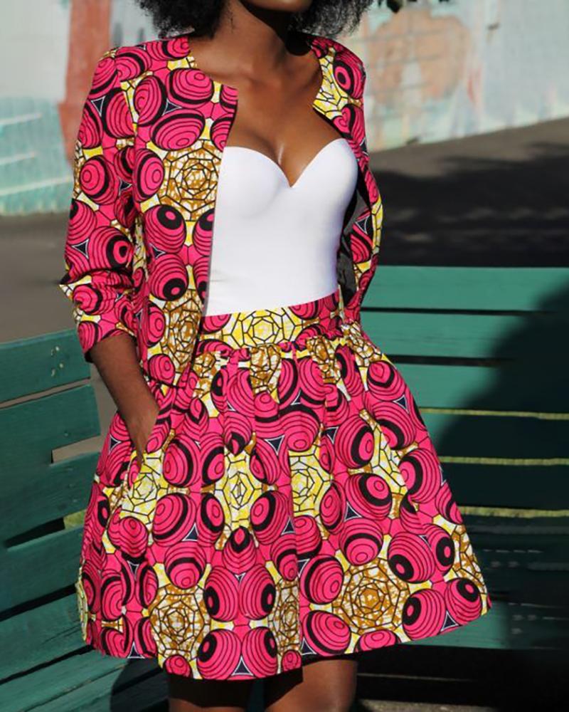 

Print Tight Waist Pleated Mini Skirt, Hot pink