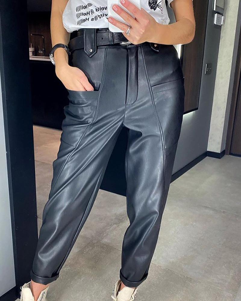 

PU Leather Pocket Design Pants, Black