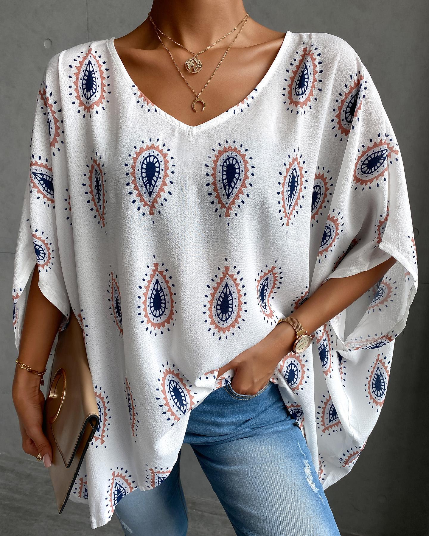 

Print Batwing Sleeve Casual Blouse, White