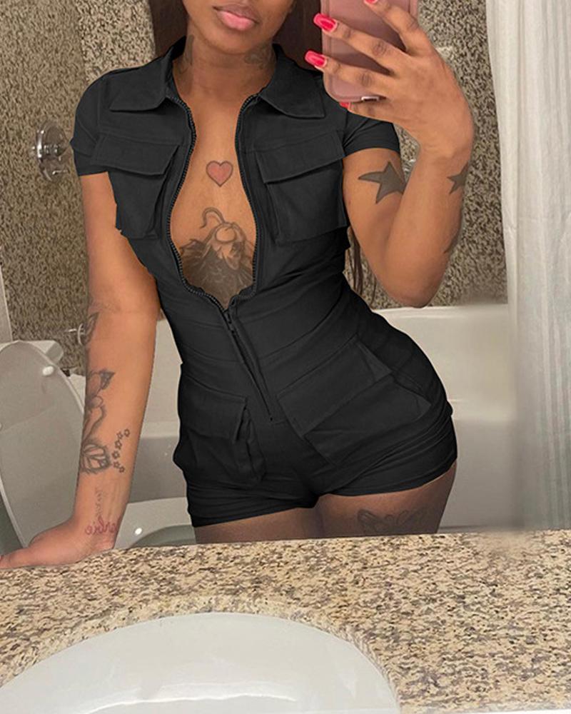 

Pocket Zipper Design Short Sleeve Romper, Black