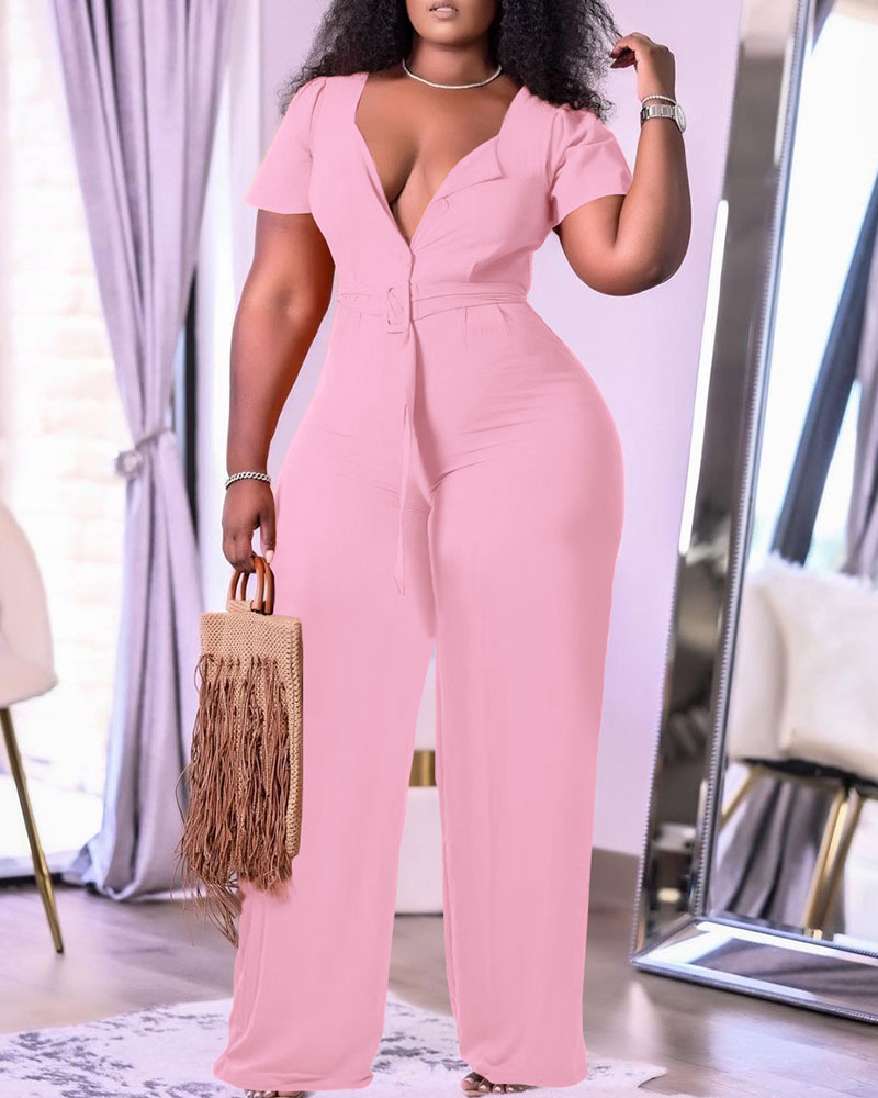 

Button Pocket Design Wide Leg Jumpsuit, Pink