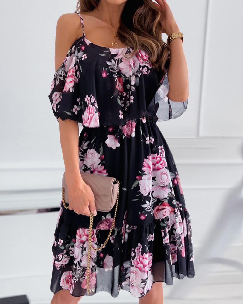 

Floral Print Cold Shoulder Ruffle Hem Chiffon Dress, Black