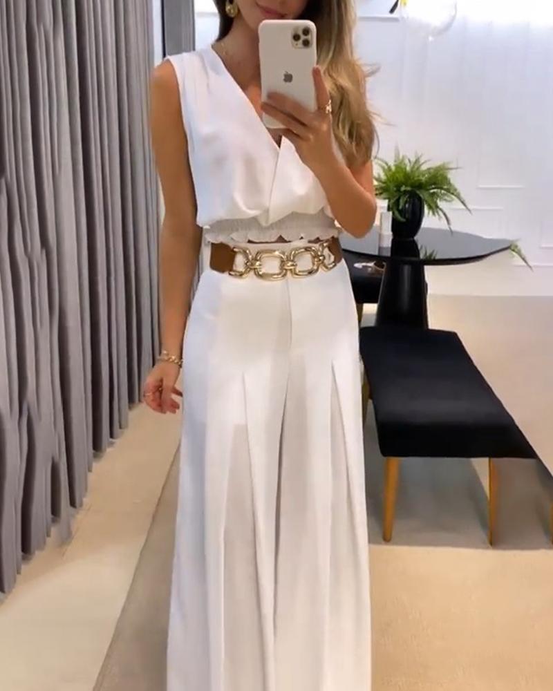 

V-Neck Wide Leg Bootcut Jumpsuit, White