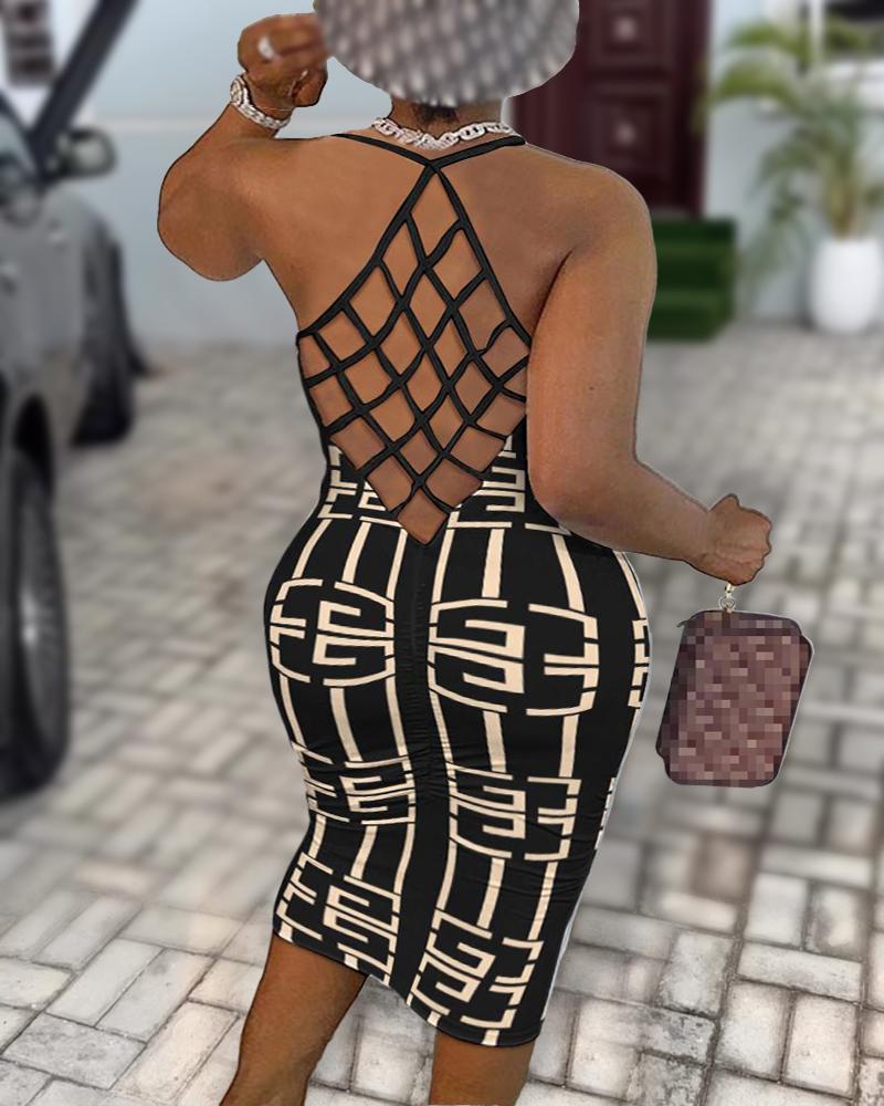 

Plus Size Geometric Print Hollow Out Backless Midi Dress, Black