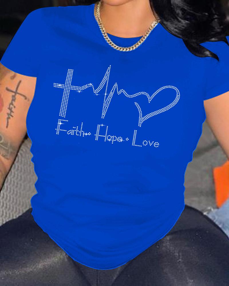 

Rhinestone Letter Heart Pattern Casual T-shirt, Blue