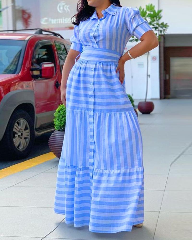 

Striped Button Front Ruffles Maxi Dress, Blue
