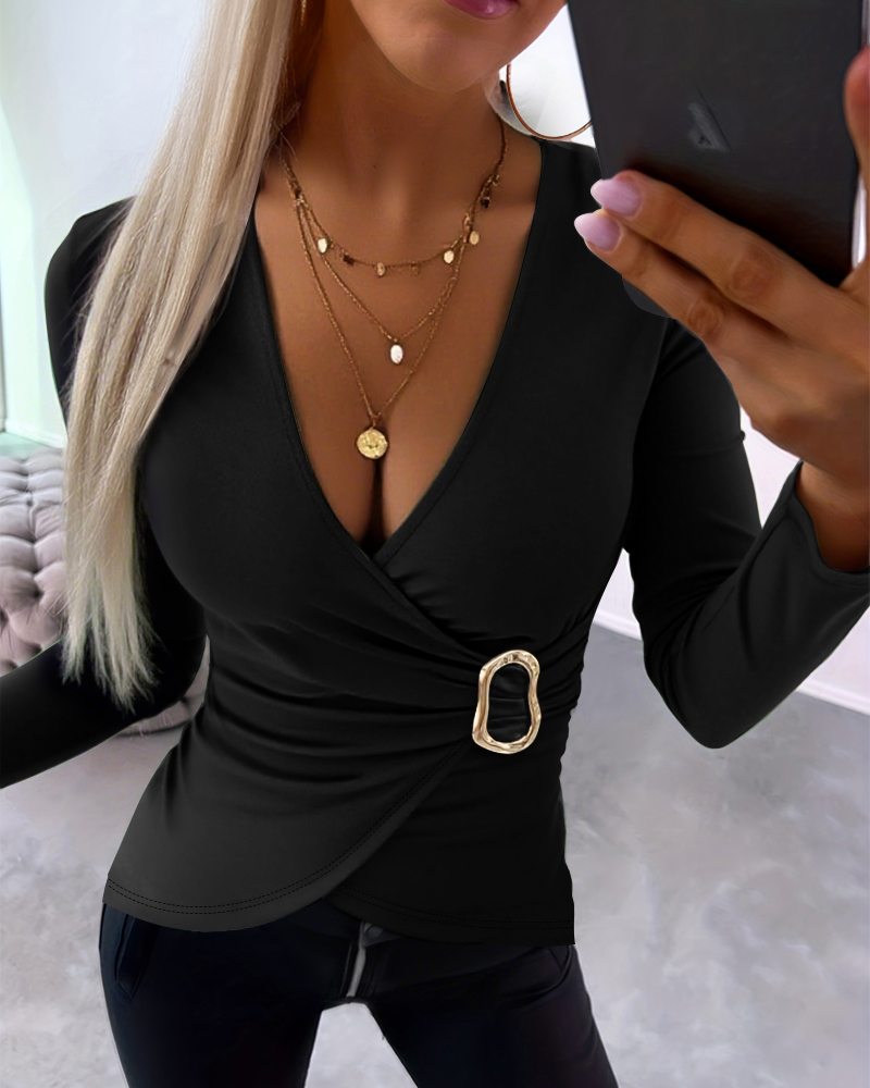 

Metal Ring Decor Overlap Deep V-Neck Long Sleeve Wrap Front Tee Slim Fit Ruched Top, Black