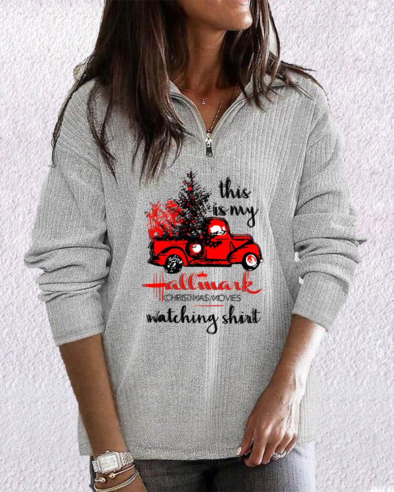 

Christmas Letter Car Print Zipper Front Long Sleeve Sweatshirt, Light gray