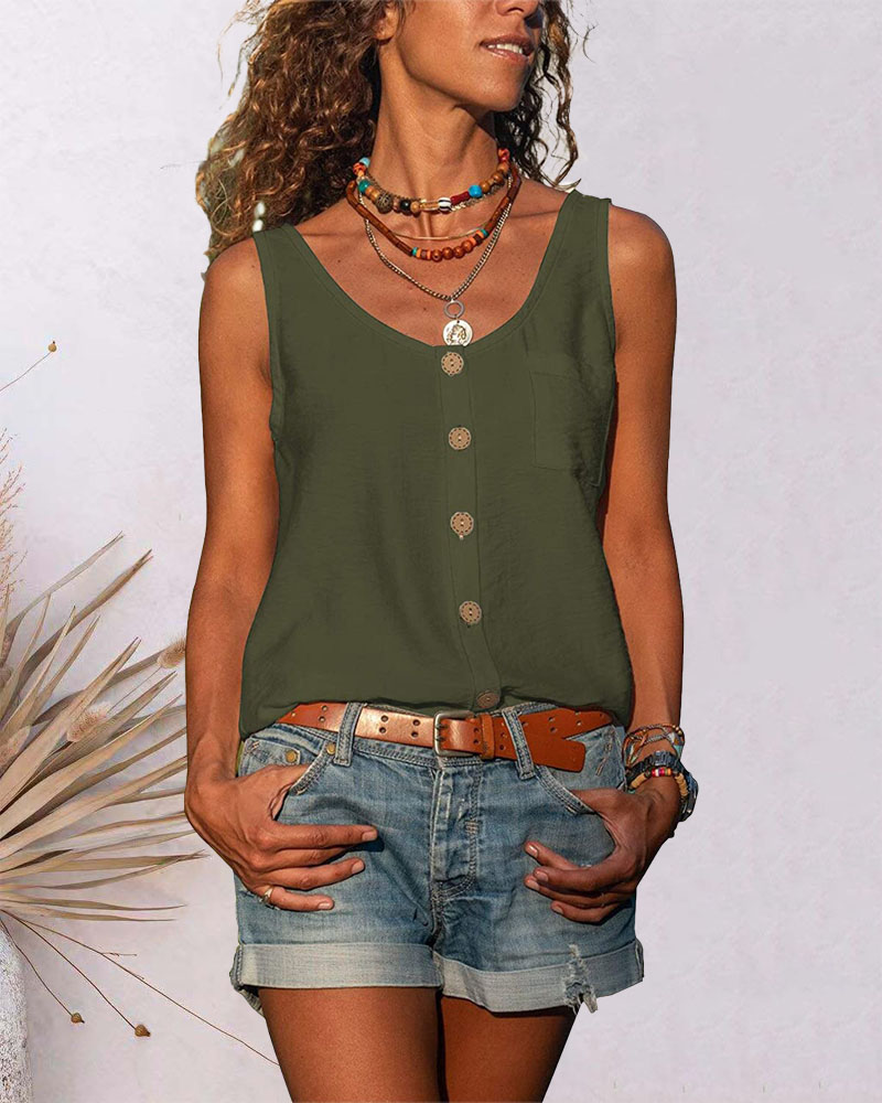 

Pocket Button Decor Casual Tank Top, Army green