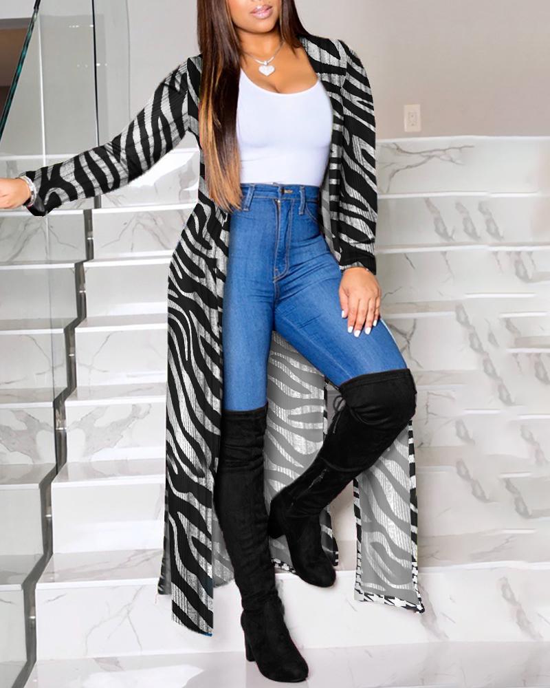 

Zebra Stripe Print Open Front Split Hem Longline Coat, Black