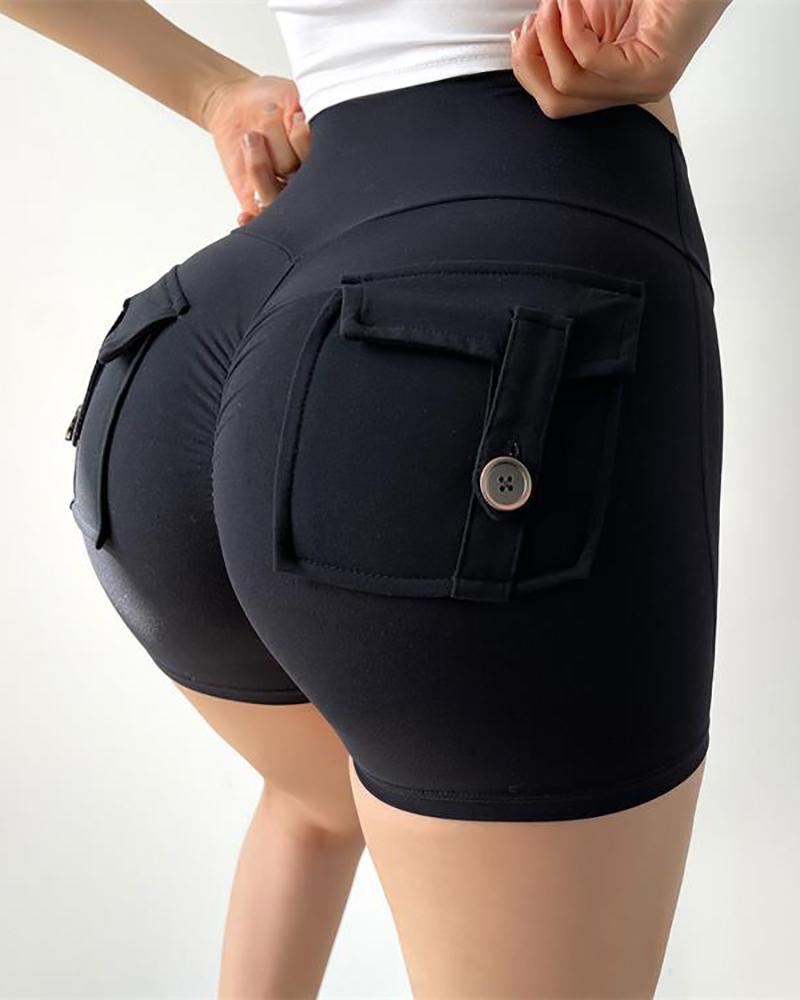 

Pocket Design High Waist Butt Lifting Active Shorts, Black