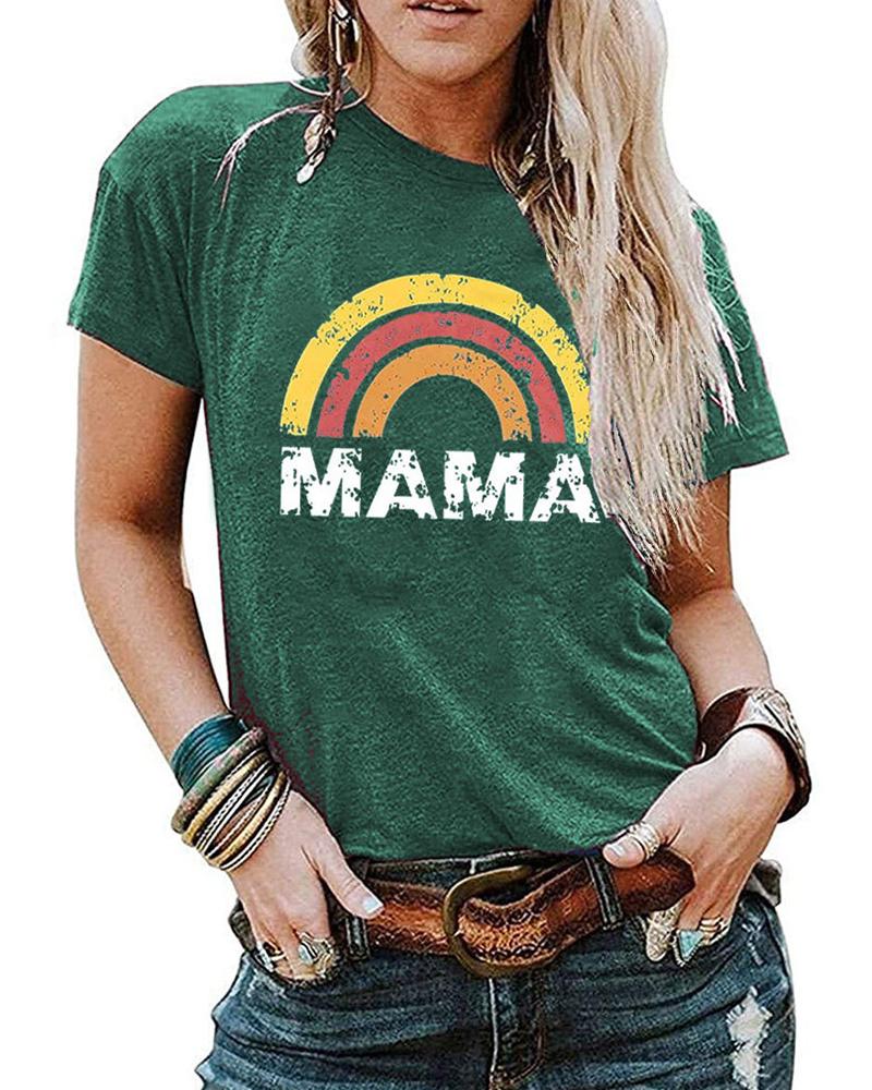 

Letter & Rainbow Color Print Short Sleeve T-shirt, Green