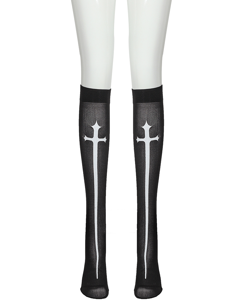 

1Pair Halloween Nun Costume Cross Print Stockings, Black