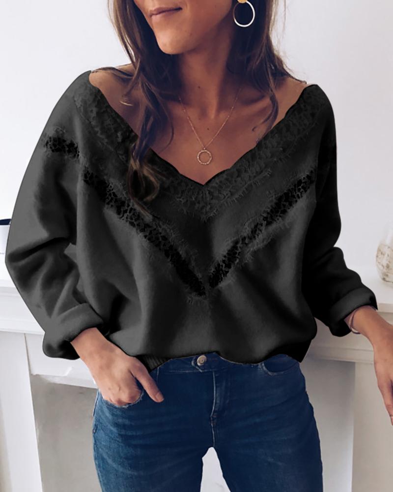 Kaufen Solid Lace Hollow Out Detail Sweater. Bild