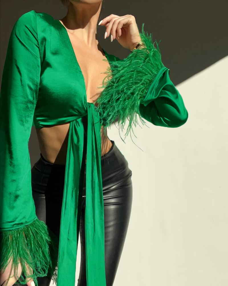 

Feather Trim Long Sleeve Tied Detail Crop Top, Green