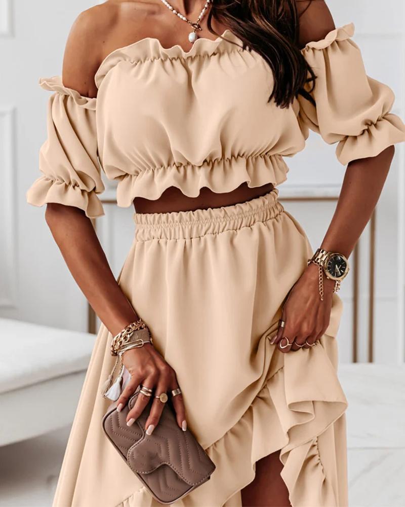 

Solid Short Sleeve Cropped Blouse With Mini Skirts Suit Sets, Khaki