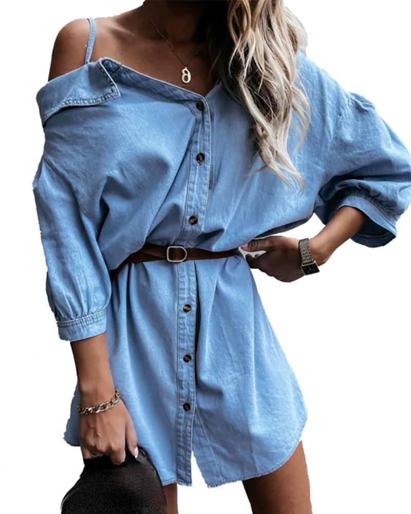 

Cold Shoulder Lantern Sleeve Buttoned Denim Dress, Blue