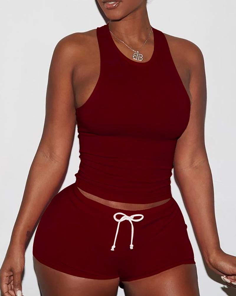 

Sexy Solid Color Sporty Vest Shorts Set, Wine red