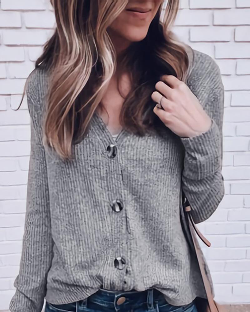 

Solid V Neck Ribbed Buttoned Cardigan, Gray