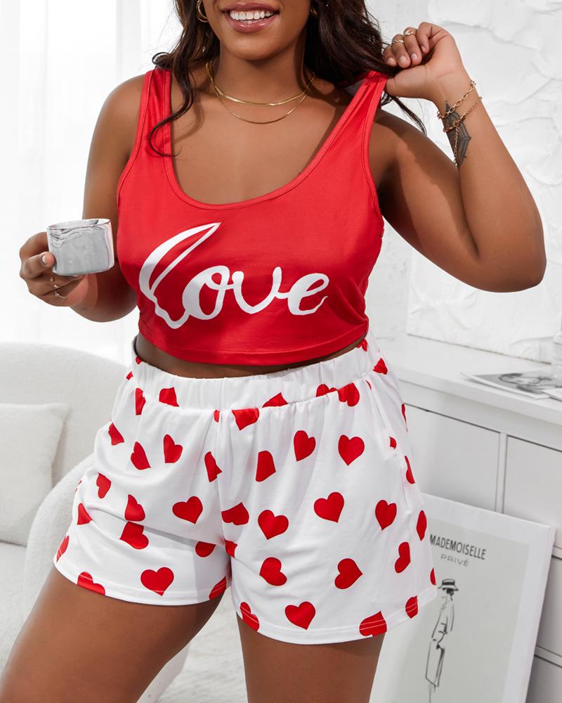 

Plus Size Love Heart Print U-Neck Pajamas Set, Red