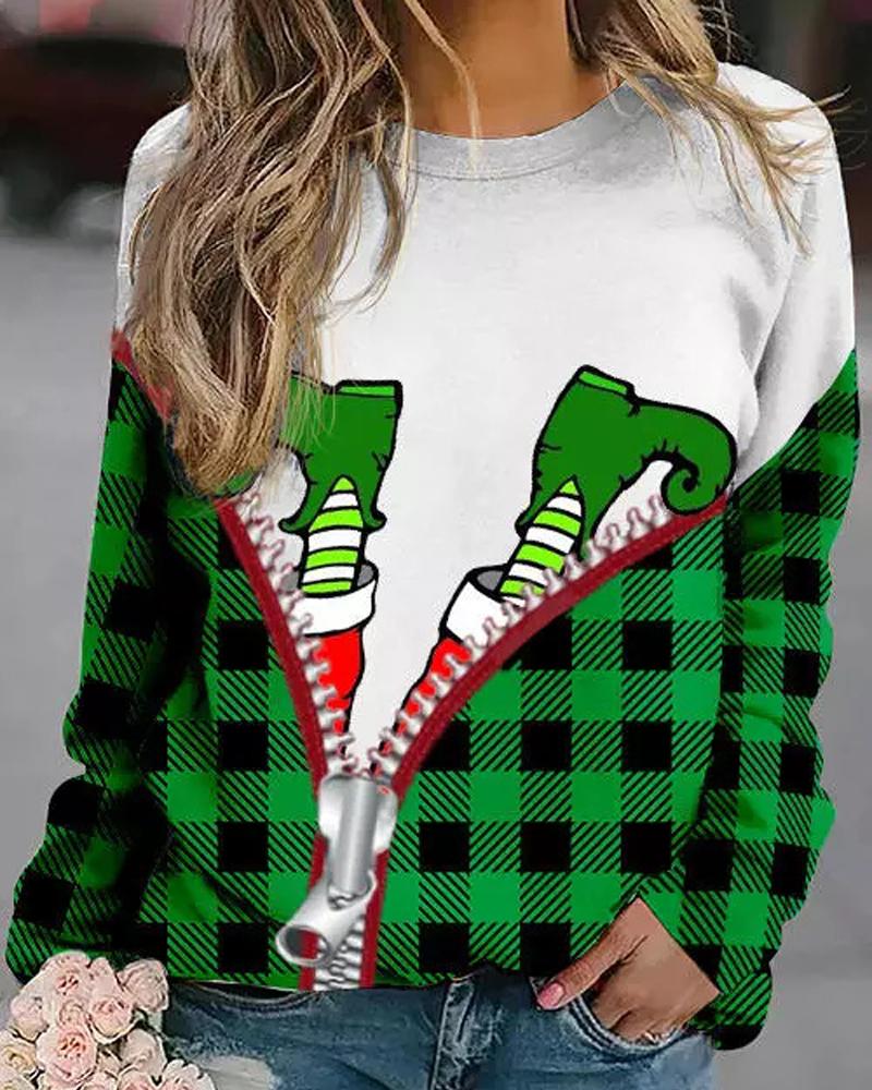 

Christmas Grinch Plaid Print Long Sleeve Top, Green