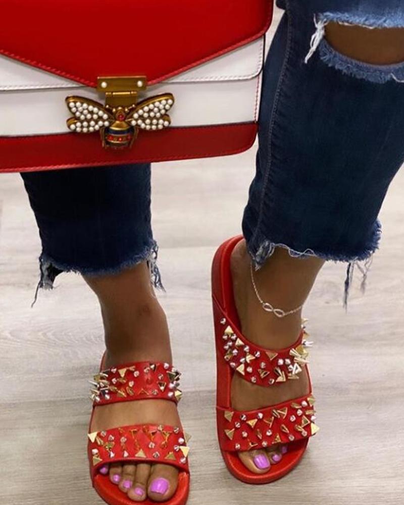 

Solid Double Strap Rivet Flat Sandals, Red