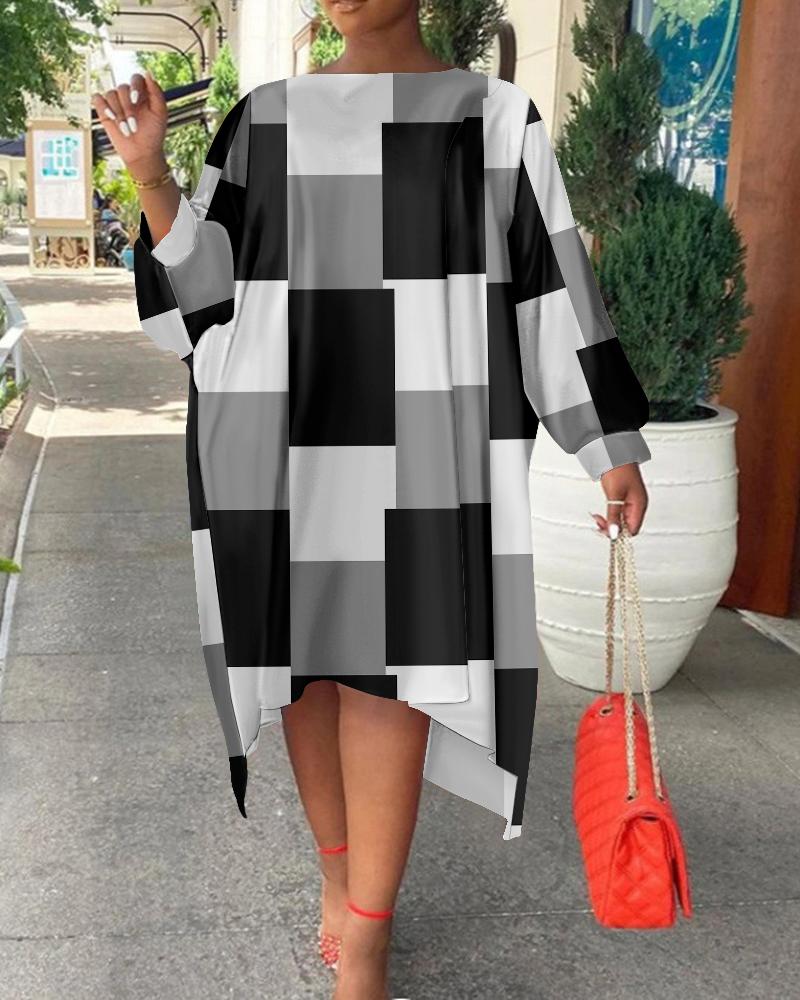 

Plus Size Geometric Print Batwing Sleeve Asymmetrical Dress, Blackwhite