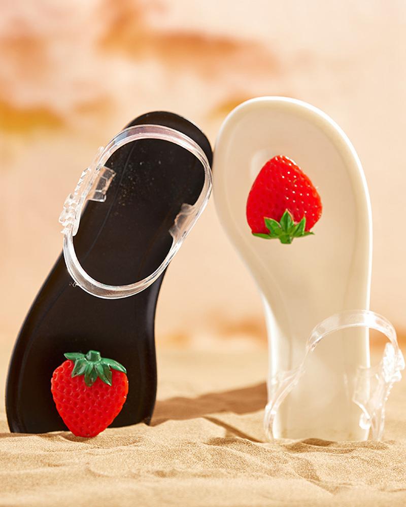 

Strawberry Pattern Clear Strap Flat Sandals, White