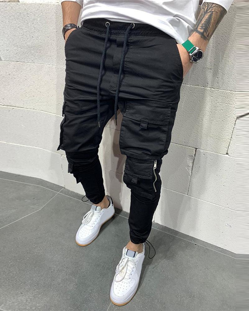 

Man Pocket Design Zip Cargo Pants, Black