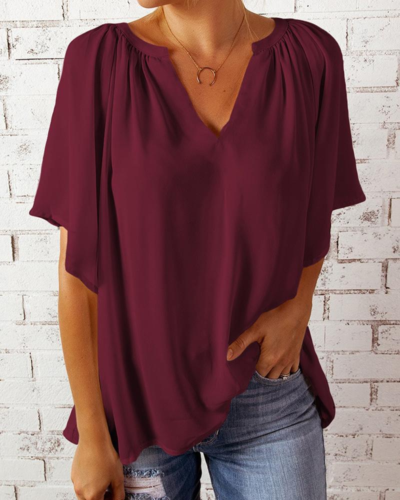 

Batwing Sleeve V-Neck Chiffon Top, Wine red
