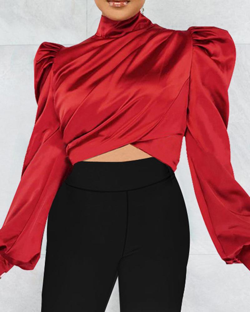 

Puff Lantern Sleeve High Neck Ruched Crop Top, Red