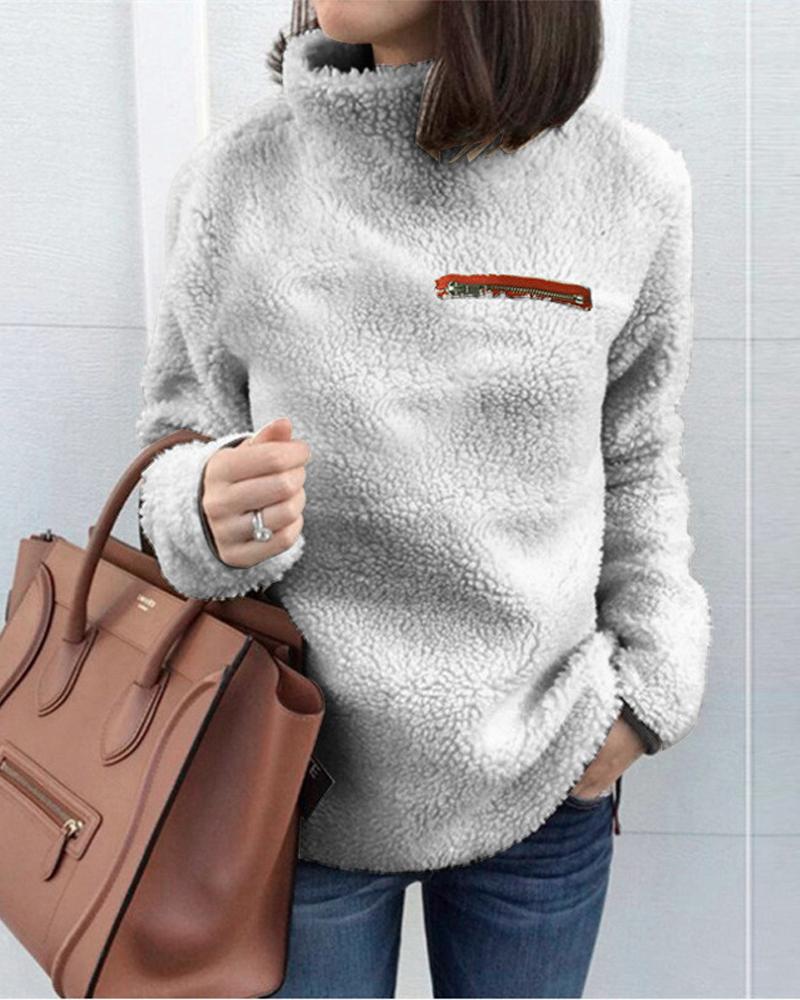 

Zipper Detail High Neck Teddy Sweatshirt, Gray