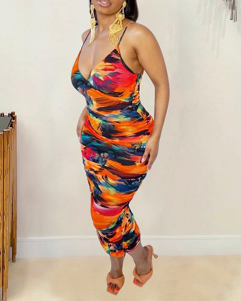 

Spaghetti Strap Colorblock Slit Ruched Dress, Orange