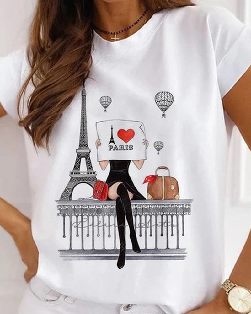 

Eiffel Tower Print Casual T-shirt, White