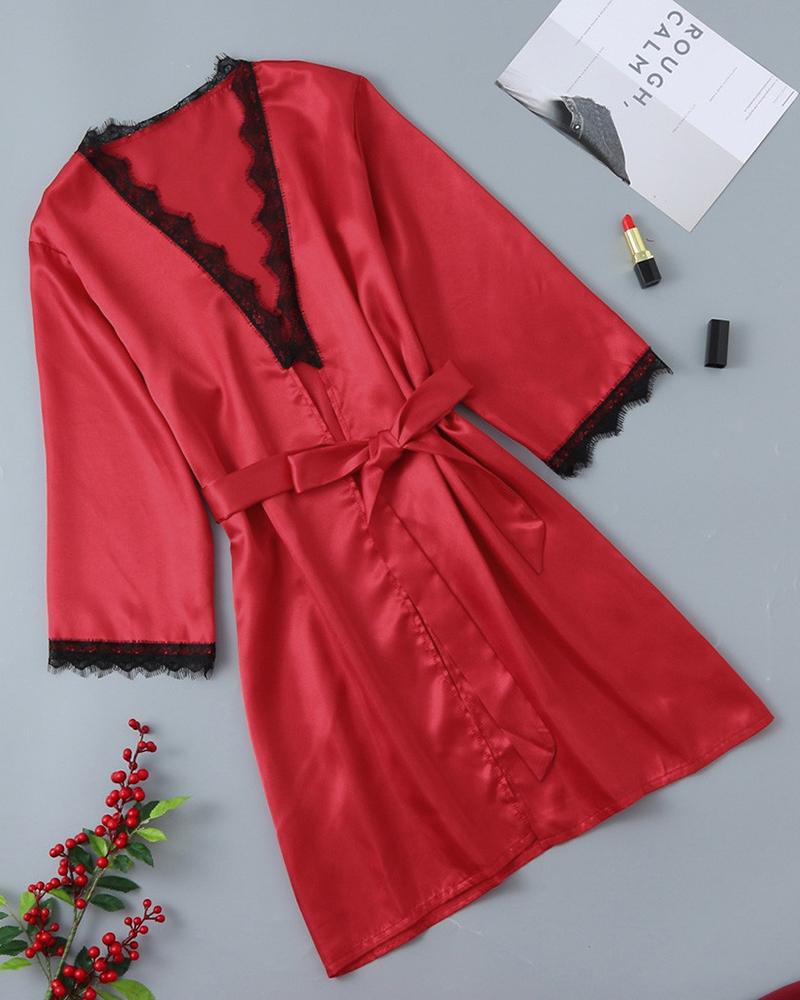 

Lace Trim Long Sleeve Robe, Red