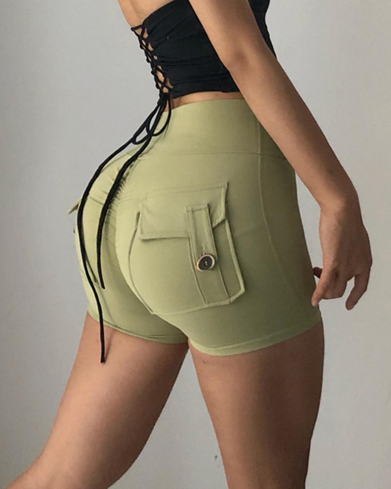 

Tie Side High Waist Button Fake Pockets Active Pants, Green