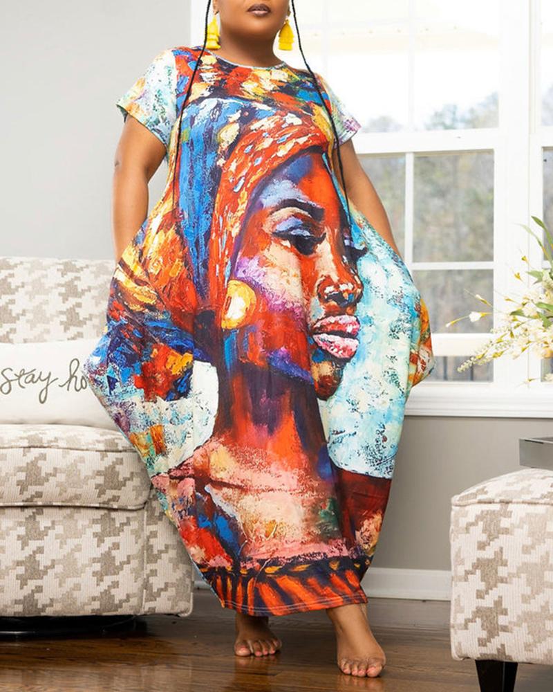 

Plus Size Figure Print Pocket Detail Casual Dress, Orange