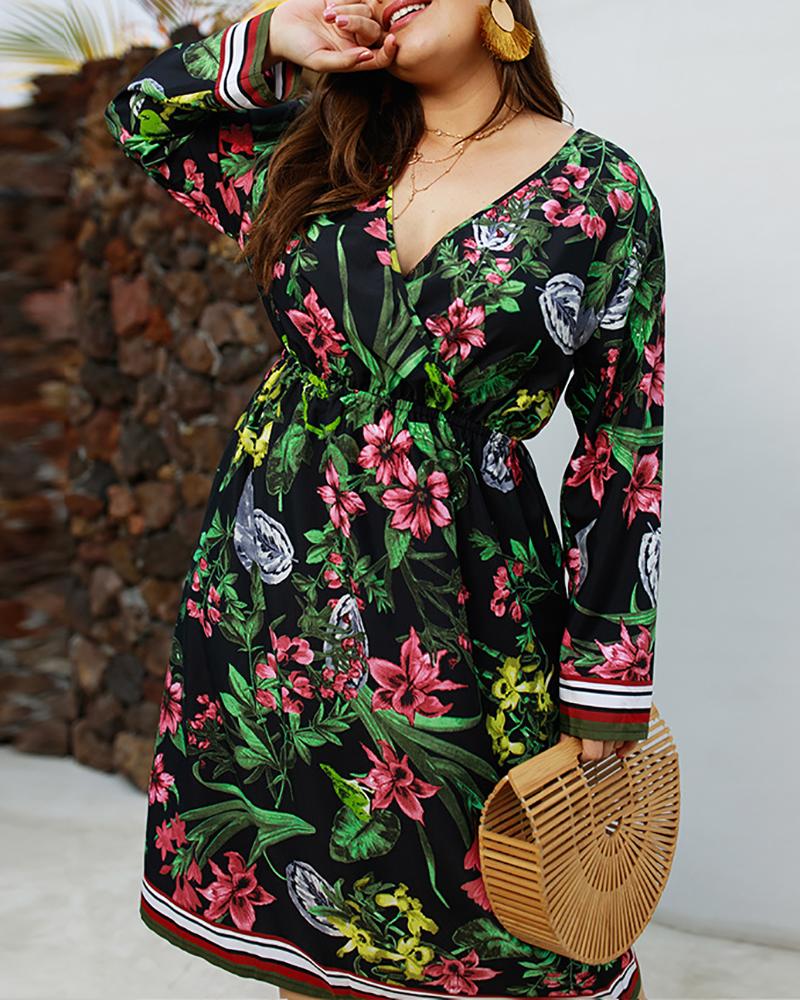 

Botanical Print Long Sleeve Casual Dress, Black