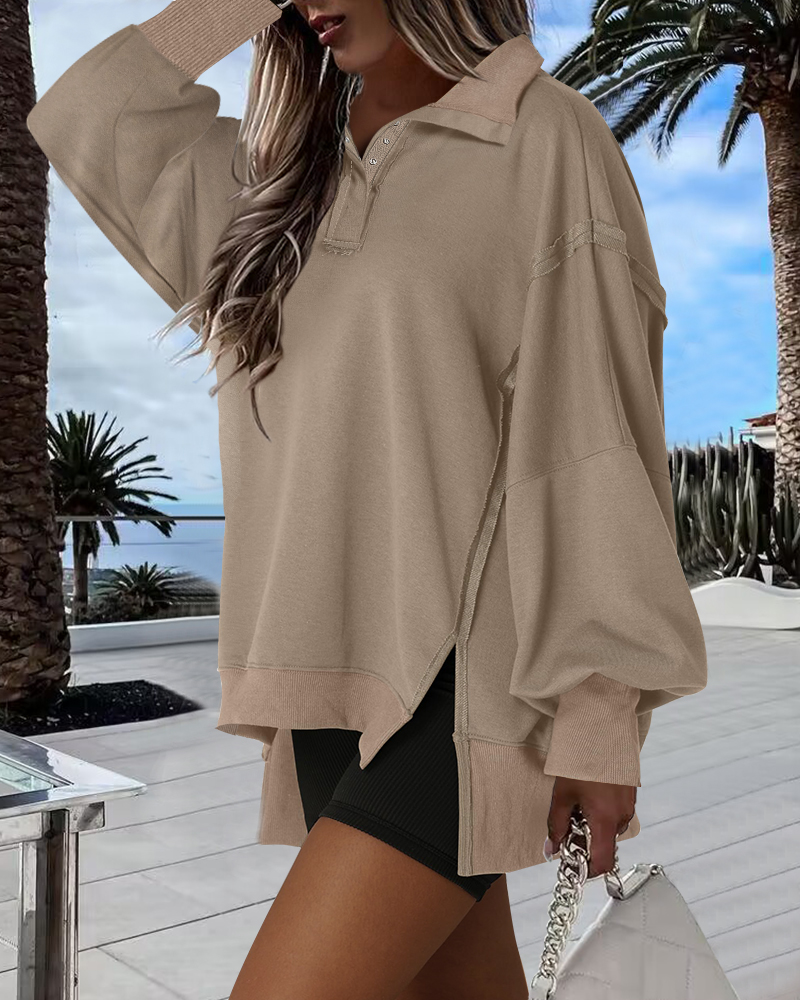 

Polo Collar Long Sleeve Sweatshirt Loose Fit Side Slit Dip Hem Casual Top, Khaki