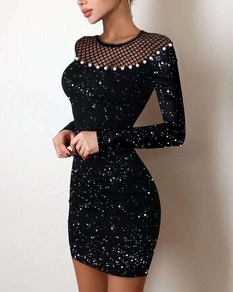 

Beaded Glitter Contrast Fishnet Bodycon Dress, Black